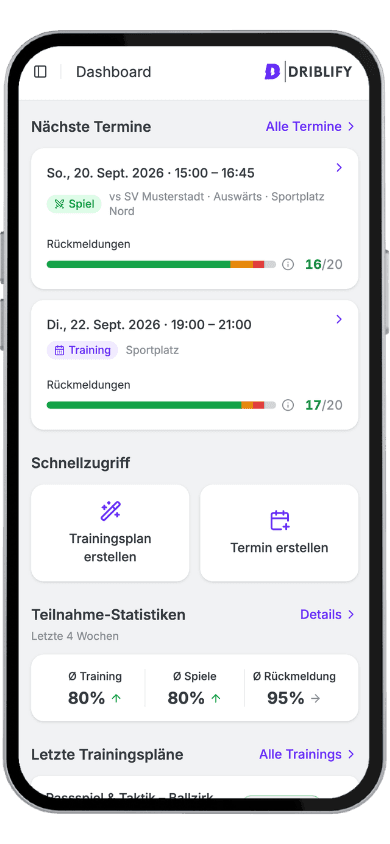 Screenshot des Driblify-Dashboards mit anstehenden Terminen und Teilnahme-Statistiken